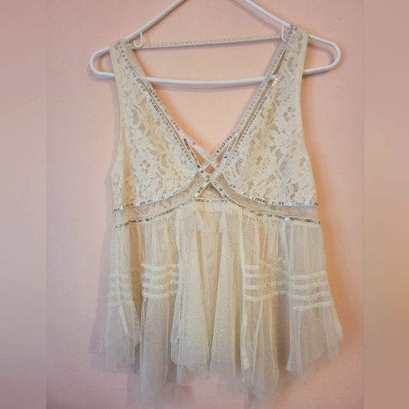 SOLD Free People On The Town Tank, Boho, Lace Tulle, Eclectic, Ivory, XS, NWOT, - Picture 6 of 16